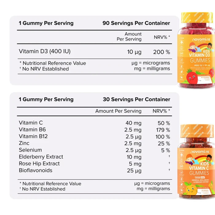 Two nutritional information tables with their bottles. Kids Vitamin D3 Gummies: one gummy per serving, 90 servings per container, vitamin D3 at 400 IU or 10 micrograms. Kids Vitamin C Gummies: one gummy per serving, 30 servings, vitamin C 40 mg with vitamins B6 and B12, zinc, selenium, elderberry and rose hip extracts and bioflavonoids.