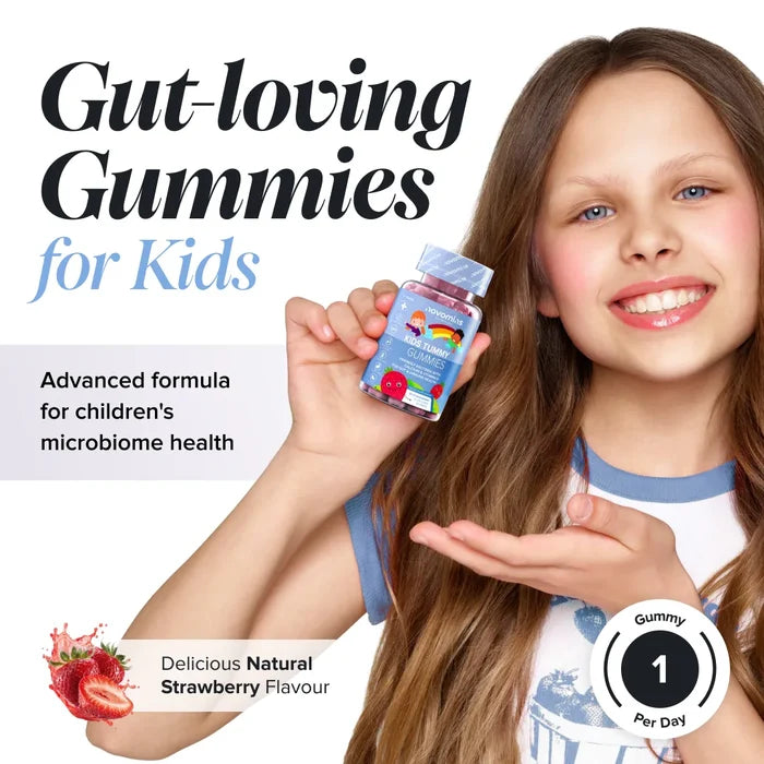 A smiling girl holds a bottle of Novomins Kids Tummy Gummies, headed 'Gut-loving Gummies for Kids' with an advanced formula for children's microbiome health, natural strawberry flavour and one gummy per day.
