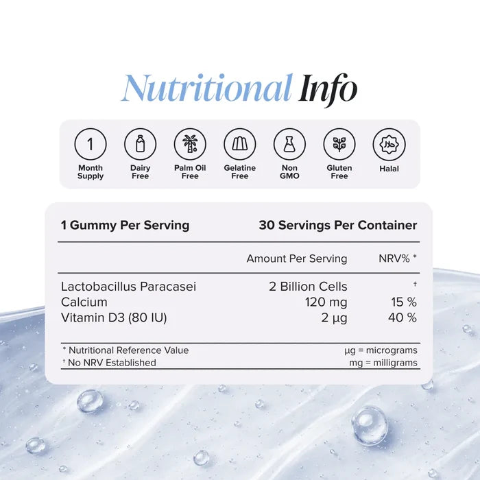 Nutritional information panel for Kids Tummy Gummies showing one gummy per serving and 30 servings per container, with Lactobacillus paracasei 2 billion cells, calcium 120 mg and vitamin D3 2 micrograms, plus badges for one month supply, dairy free, palm oil free, gelatine free, non GMO, gluten free and halal.