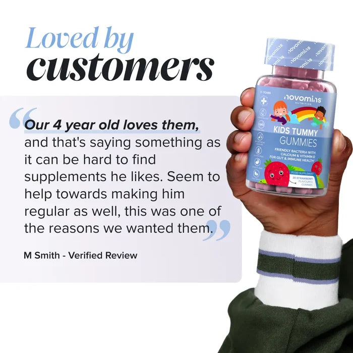 A hand holding a bottle of Novomins Kids Tummy Gummies beside a verified review from M Smith headed 'Loved by customers': 'Our 4 year old loves them, and that's saying something as it can be hard to find supplements he likes. Seem to help towards making him regular as well, this was one of the reasons we wanted them.'