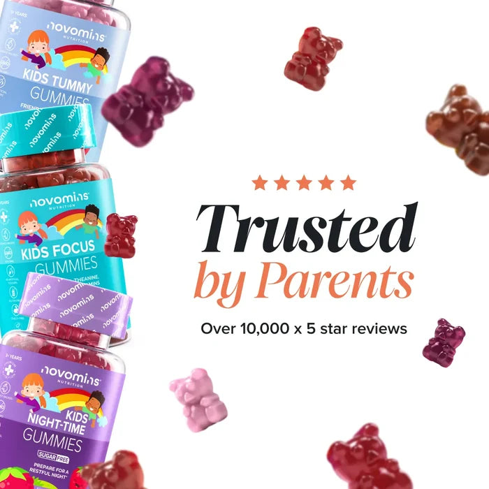 Three bottles of Novomins kids gummies - Kids Tummy, Kids Focus and Kids Night-Time - stacked on the left among scattered gummy bears, beside a five star rating and the text 'Trusted by Parents, over 10,000 x 5 star reviews'.