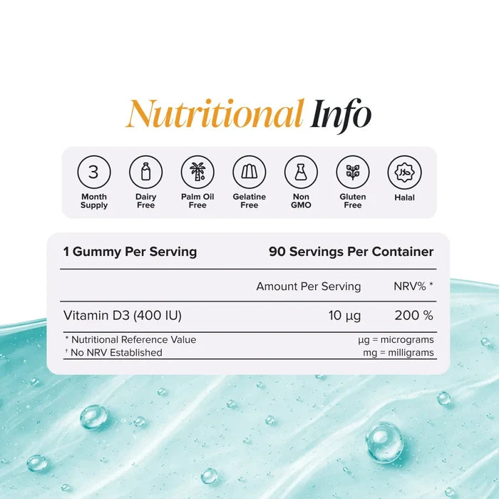 Nutritional information panel for Kids Vitamin D3 Gummies showing one gummy per serving and 90 servings per container, with vitamin D3 at 10 micrograms or 400 IU providing 200% of the reference value, plus badges for three month supply, dairy free, palm oil free, gelatine free, non GMO, gluten free and halal.