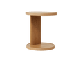 Round wooden side table with vertical support connecting the top and bottom surfaces. Light brown finish, minimalistic design.