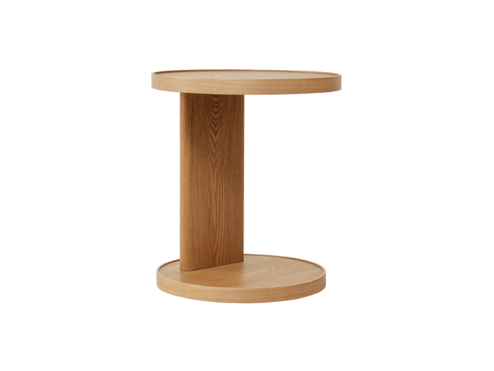 Round wooden side table with vertical support connecting the top and bottom surfaces. Light brown finish, minimalistic design.