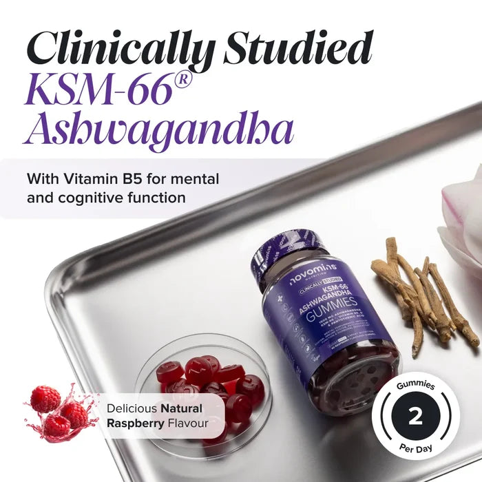 A bottle of Novomins KSM-66 Ashwagandha Gummies on a steel tray with dried ashwagandha root and a petri dish of red gummies, headed 'Clinically Studied KSM-66 Ashwagandha, with vitamin B5 for mental and cognitive function', in a natural raspberry flavour with two gummies per day.