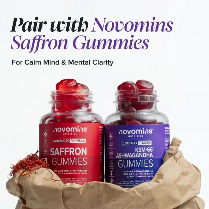 Two open bottles of Novomins Saffron Gummies and KSM-66 Ashwagandha Gummies resting in a paper bag with saffron threads, headed 'Pair with Novomins Saffron Gummies for calm mind and mental clarity'.