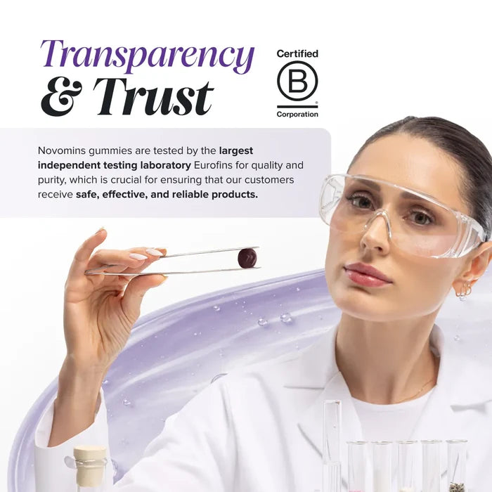 A scientist in a white coat and safety glasses holds a round dark purple gummy with tweezers beside text headed 'Transparency & Trust', explaining that Novomins gummies are tested by the largest independent testing laboratory Eurofins for quality and purity, with a Certified B Corporation logo.