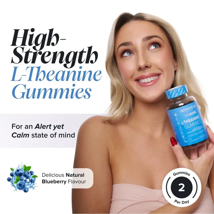 A smiling blonde woman holds a bottle of Novomins L-Theanine Gummies to her shoulder, headed 'High-Strength L-Theanine Gummies for an alert yet calm state of mind', in a natural blueberry flavour with two gummies per day.