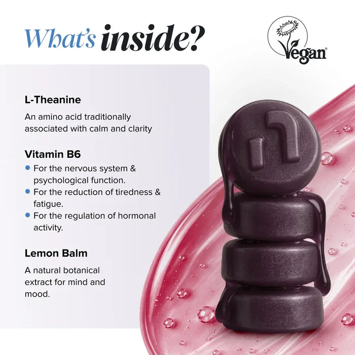 Graphic headed 'What's inside?' with a Vegan Society logo, beside a stack of glossy dark purple gummies, describing L-theanine as an amino acid traditionally associated with calm and clarity, vitamin B6 for nervous system and psychological function, reduction of tiredness and fatigue and regulation of hormonal activity, and lemon balm as a natural botanical extract for mind and mood.
