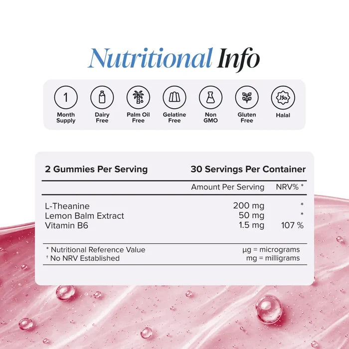 Nutritional information panel for L-Theanine Gummies showing two gummies per serving and 30 servings per container, with L-theanine 200 mg, lemon balm extract 50 mg and vitamin B6 1.5 mg, plus badges for one month supply, dairy free, palm oil free, gelatine free, non GMO, gluten free and halal.