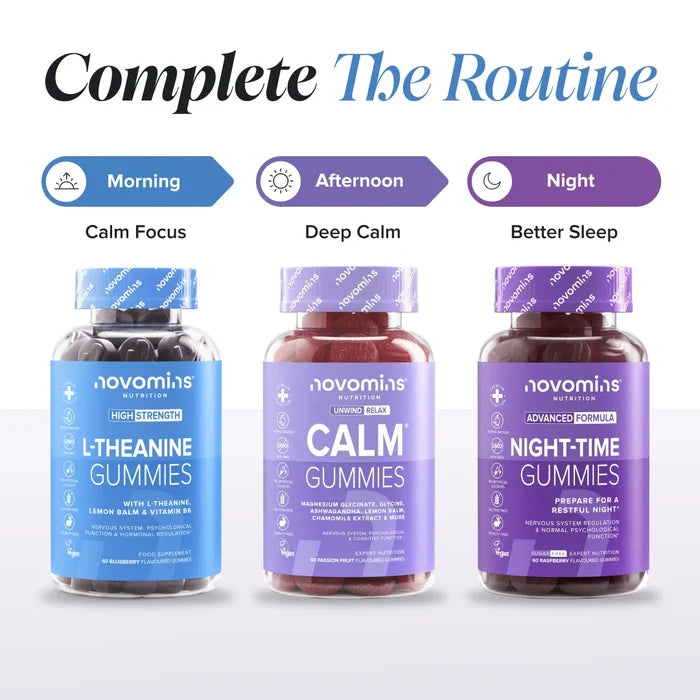 Three bottles headed 'Complete The Routine' - L-Theanine Gummies for morning calm focus, Calm Gummies for afternoon deep calm, and Night-Time Gummies for night better sleep.