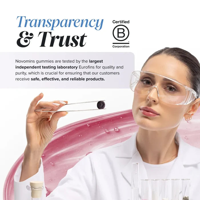 A scientist in a white coat and safety glasses holds a round dark purple gummy with tweezers beside text headed 'Transparency & Trust', explaining that Novomins gummies are tested by the largest independent testing laboratory Eurofins for quality and purity, with a Certified B Corporation logo.