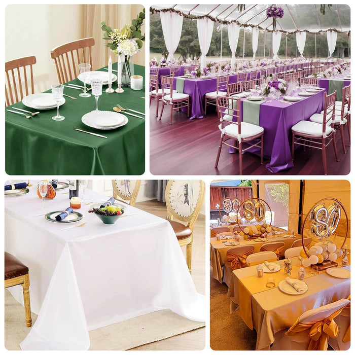 Variety of table settings with different tablecloths for events.