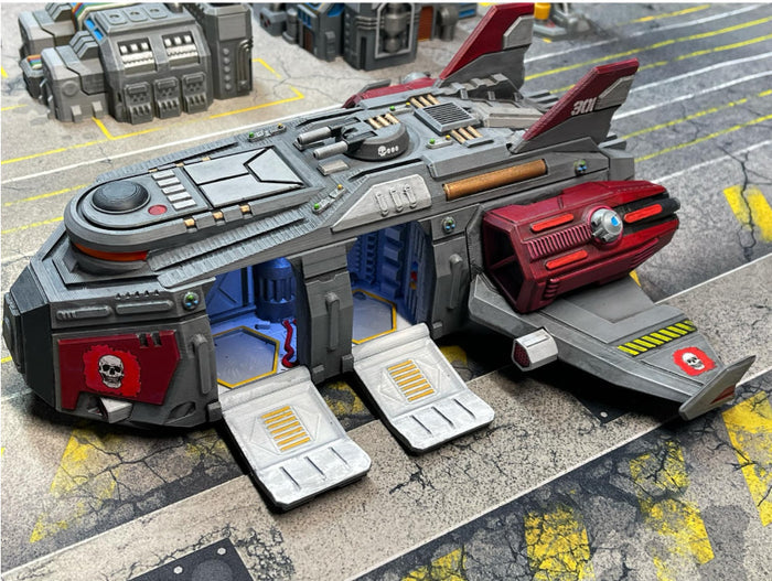 3d print of Lampart Dropship for battletech by Cross Electric Designs with detailed open doors and futuristic design