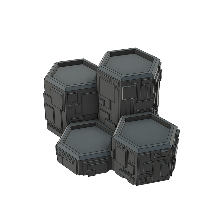 Cross Electric Designs 3D print of four hexagonal sci-fi storage crates with detailed panel designs