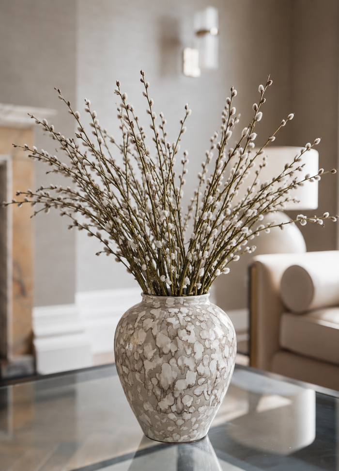 A ceramic vase filled with dried willow branches, set on a glass coffee table in a softly lit living room.
