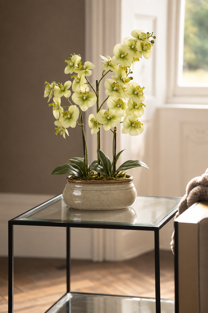 A potted artificial orchid plant with pale yellow-green flowers and green leaves, displayed on a glass-top side table in a softly lit room.