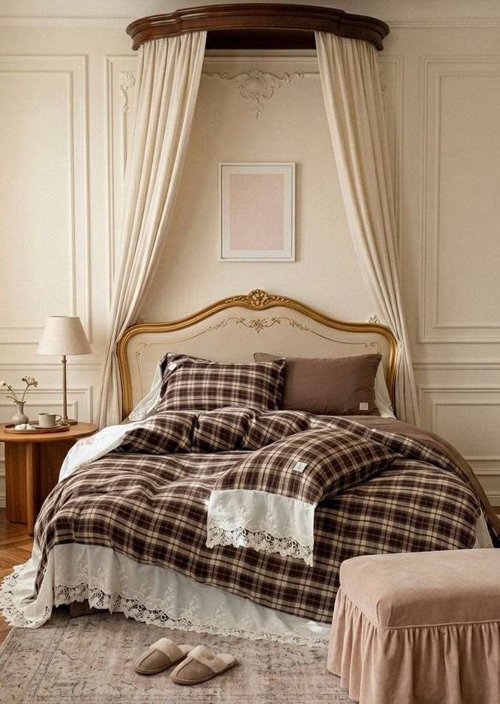 - Ever Lasting - Lilliana Plaid Ruffle Lace Bedding Set / Brown - Bedding Set - Ever Lasting