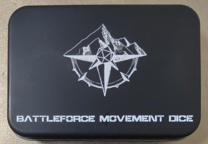 Black tin for Battleforce Movement Dice Battletech featuring a compass and mountain design