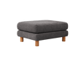 Dark grey fabric ottoman with wooden legs, featuring a simple and modern design.