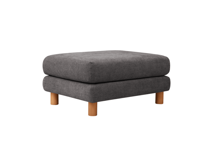 Dark grey fabric ottoman with wooden legs, featuring a simple and modern design.