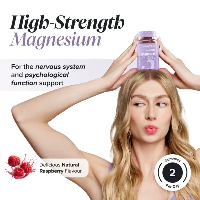 A smiling blonde woman balances a bottle of Novomins Magnesium Gummies on her head, headed 'High-Strength Magnesium for the nervous system and psychological function support', in a natural raspberry flavour with two gummies per day.