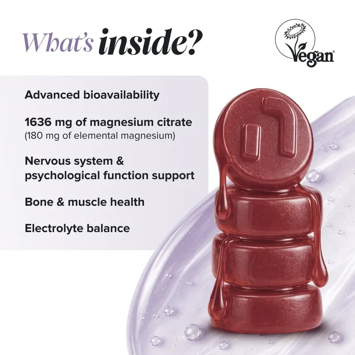 Graphic headed 'What's inside?' beside a stack of dark red gummies with dripping syrup, listing advanced bioavailability, 1636 mg of magnesium citrate providing 180 mg of elemental magnesium, nervous system and psychological function support, bone and muscle health, and electrolyte balance, with a Vegan Society logo.