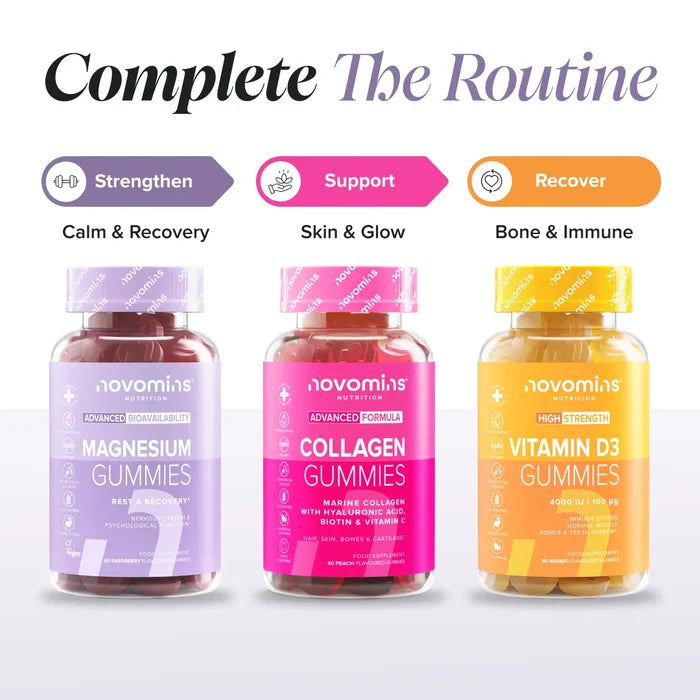 Three bottles headed 'Complete The Routine' - Magnesium Gummies labelled Strengthen for calm and recovery, Collagen Gummies labelled Support for skin and glow, and Vitamin D3 Gummies labelled Recover for bone and immune health.