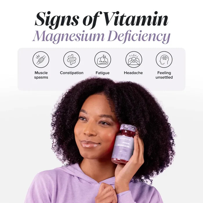 A smiling woman holds a bottle of Novomins Magnesium Gummies beside her face, beneath the heading 'Signs of Magnesium Deficiency' with icons for muscle spasms, constipation, fatigue, headache and feeling unsettled.