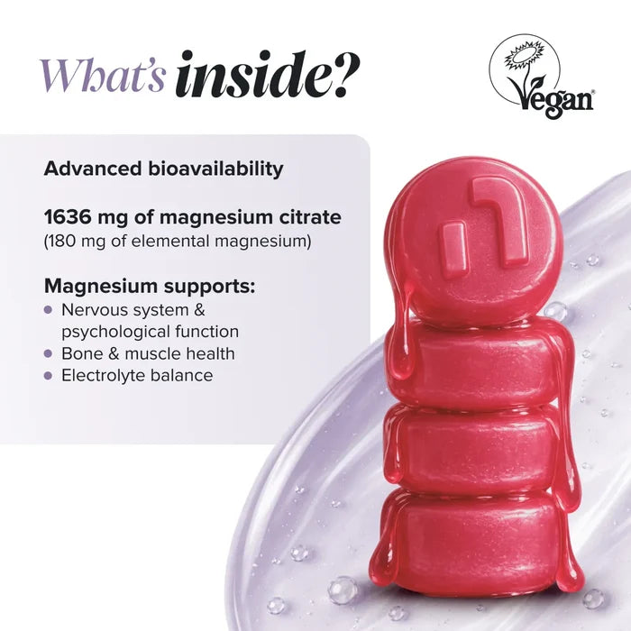 Graphic headed 'What's inside?' with a Vegan Society logo, beside a stack of glossy pink gummies, listing advanced bioavailability, 1636 mg of magnesium citrate providing 180 mg of elemental magnesium, and magnesium support for nervous system and psychological function, bone and muscle health, and electrolyte balance.