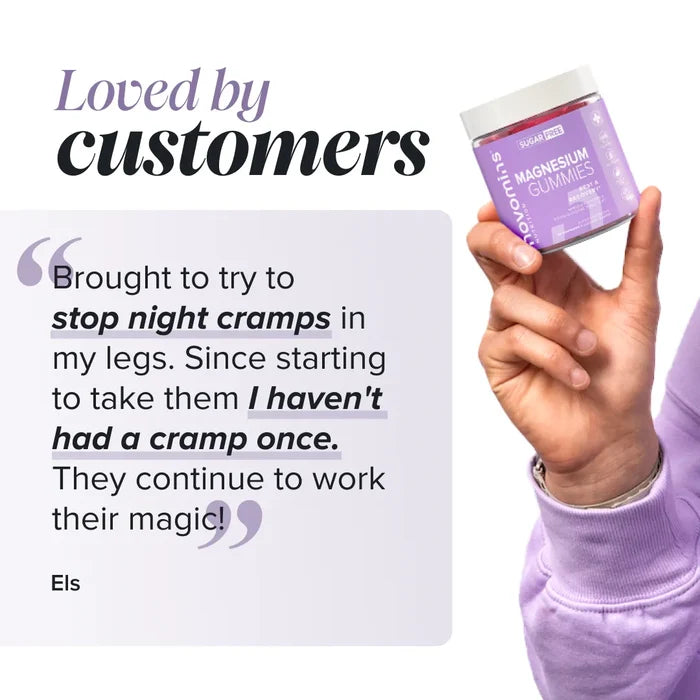 A hand holding a jar of Novomins Sugar Free Magnesium Gummies beside a review from Els headed 'Loved by customers': 'Brought to try to stop night cramps in my legs. Since starting to take them I haven't had a cramp once. They continue to work their magic!'