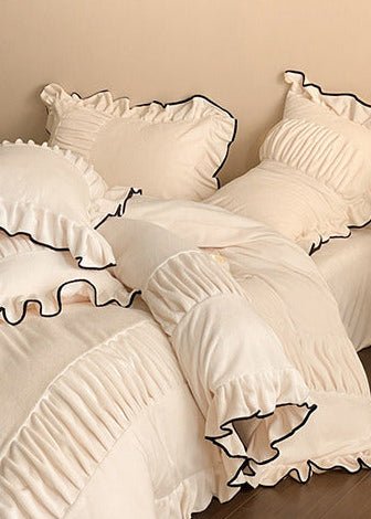- Ever Lasting - Marigold Velvet Pleated Lace Bedding Set / Beige - Bedding Set - Ever Lasting