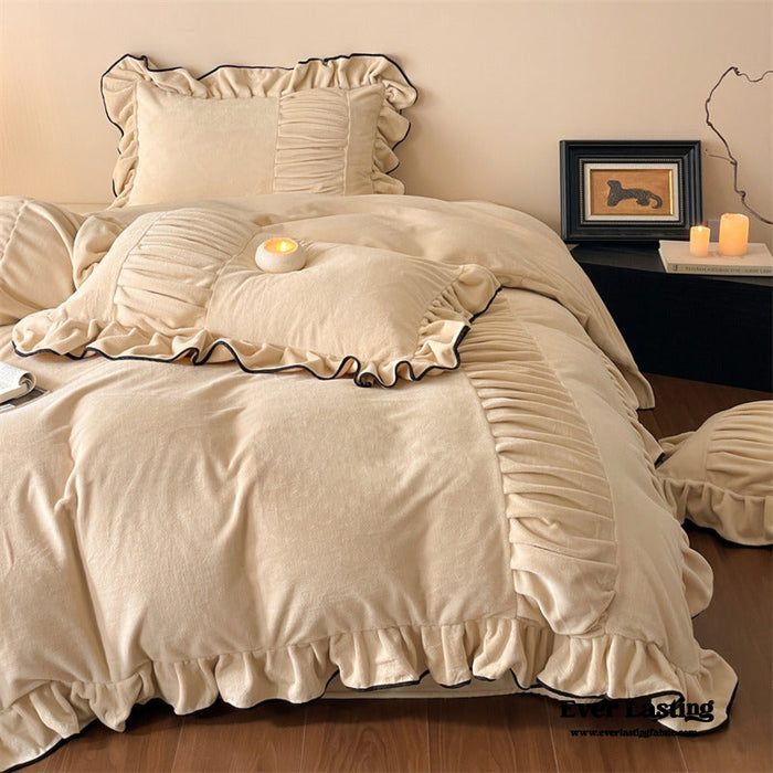 - Ever Lasting - Marigold Velvet Pleated Lace Bedding Set / Beige - Bedding Set - Ever Lasting