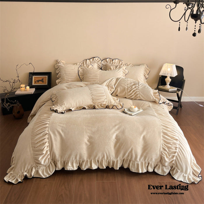 - Ever Lasting - Marigold Velvet Pleated Lace Bedding Set / Beige - Bedding Set - Ever Lasting