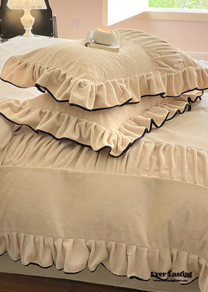 - Ever Lasting - Marigold Velvet Pleated Lace Bedding Set / Beige - Bedding Set - Ever Lasting