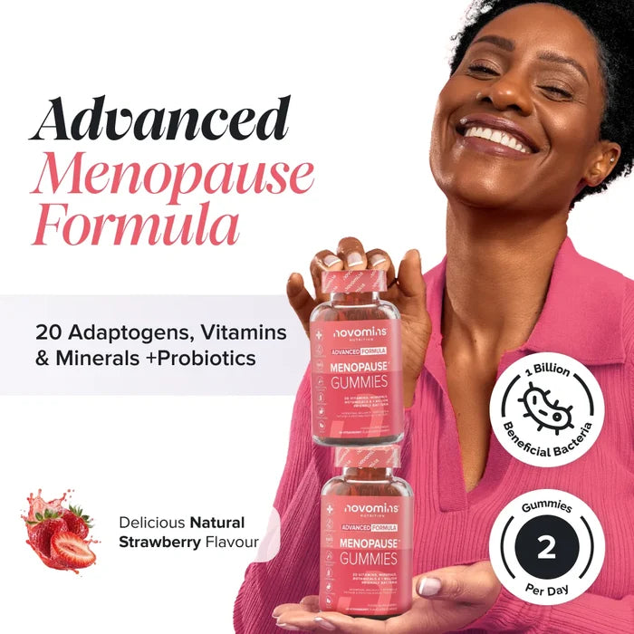 A smiling woman in a pink shirt holds two bottles of Novomins Menopause Gummies, headed 'Advanced Menopause Formula' with 20 adaptogens, vitamins and minerals plus probiotics, a 1 billion beneficial bacteria badge, natural strawberry flavour and two gummies per day.