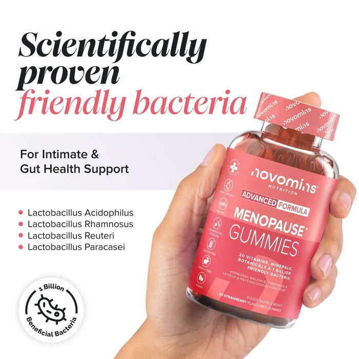 A hand holding a bottle of Novomins Menopause Gummies beside the heading 'Scientifically proven friendly bacteria for intimate and gut health support', listing Lactobacillus acidophilus, Lactobacillus rhamnosus, Lactobacillus reuteri and Lactobacillus paracasei, with a 1 billion beneficial bacteria badge.