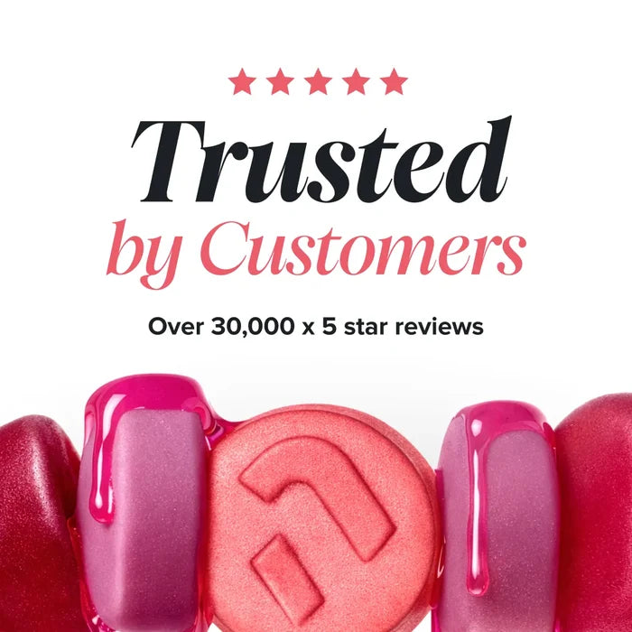 A row of glossy pink and red gummies with dripping syrup, beneath a five star rating and the heading 'Trusted by Customers, over 30,000 x 5 star reviews'.