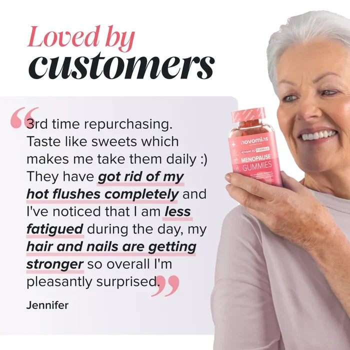 A smiling older woman with white hair holds a bottle of Novomins Menopause Gummies beside a review from Jennifer headed 'Loved by customers': '3rd time repurchasing. Taste like sweets which makes me take them daily. They have got rid of my hot flushes completely and I've noticed that I am less fatigued during the day, my hair and nails are getting stronger so overall I'm pleasantly surprised.'