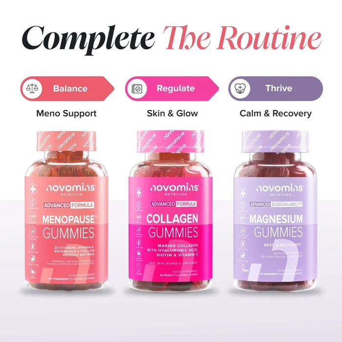 Three bottles headed 'Complete The Routine' - Menopause Gummies labelled Balance for meno support, Collagen Gummies labelled Regulate for skin and glow, and Magnesium Gummies labelled Thrive for calm and recovery.