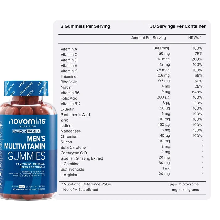 Nutritional information table for Men's Multivitamin Gummies beside its bottle, showing two gummies per serving and 30 servings per container with 24 vitamins, minerals, herbs and botanicals including vitamins A, C, D, E, K, the B group, zinc, iodine, manganese, chromium, silicon, beta-carotene, coenzyme Q10, Siberian ginseng, L-carnitine, bioflavonoids and L-arginine.