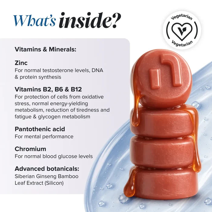 Graphic headed 'What's inside?' with a vegetarian logo, beside a stack of glossy terracotta gummies, listing zinc for normal testosterone levels and DNA and protein synthesis, vitamins B2, B6 and B12 for protection of cells from oxidative stress, energy-yielding metabolism, reduction of tiredness and fatigue and glycogen metabolism, pantothenic acid for mental performance, chromium for normal blood glucose levels, and advanced botanicals Siberian ginseng and bamboo leaf extract.