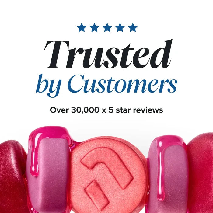 A row of glossy pink and red gummies with dripping syrup, beneath a five star rating and the heading 'Trusted by Customers, over 30,000 x 5 star reviews'.