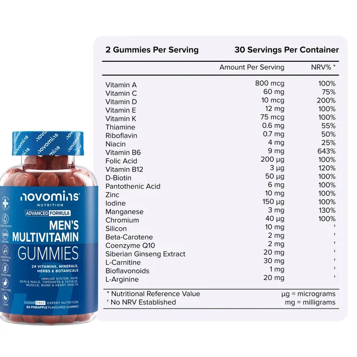 Nutritional information table for Men's Multivitamin Gummies beside its bottle, showing two gummies per serving and 30 servings per container with 24 vitamins, minerals, herbs and botanicals including vitamins A, C, D, E, K, the B group, zinc, iodine, manganese, chromium, silicon, beta-carotene, coenzyme Q10, Siberian ginseng, L-carnitine, bioflavonoids and L-arginine.