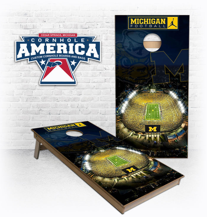 Michigan Big House at Night cornhole boards