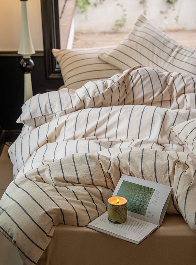 - Ever Lasting - Minimalist Vertical Stripe Bow Ties Bedding Set / Beige Custard - Bedding Set - Ever Lasting