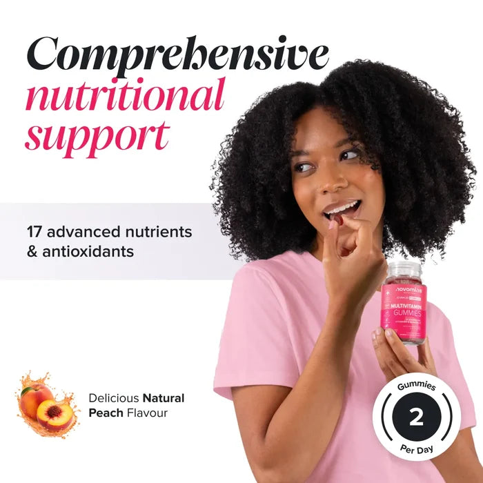 A smiling woman in a pink t-shirt eats a gummy while holding a bottle of Novomins Multivitamin Gummies, headed 'Comprehensive nutritional support' with 17 advanced nutrients and antioxidants, in a natural peach flavour with two gummies per day.