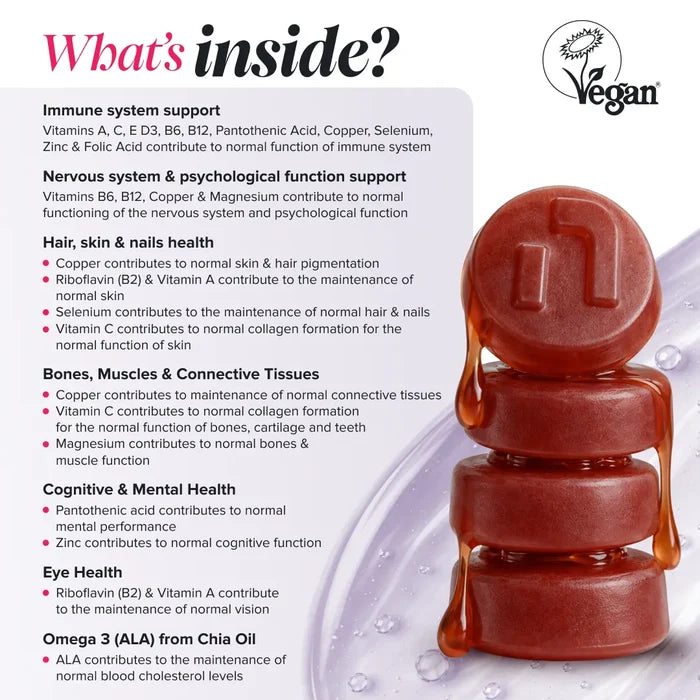 Graphic headed 'What's inside?' with a Vegan Society logo, beside a stack of glossy dark red gummies, grouping benefits into immune system support, nervous system and psychological function, hair, skin and nails health, bones, muscles and connective tissues, cognitive and mental health, eye health, and omega 3 ALA from chia oil for normal blood cholesterol levels.