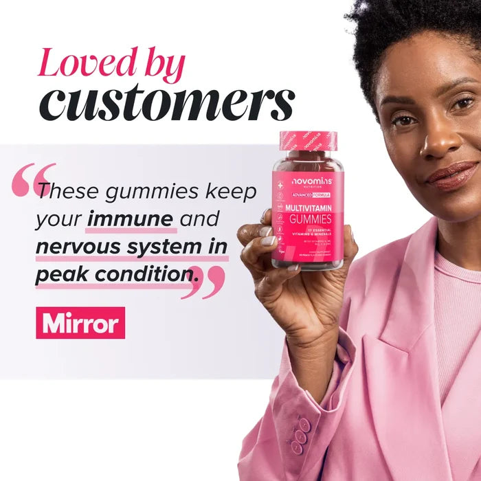 A smiling woman in a pink blazer holds a bottle of Novomins Multivitamin Gummies beside a quote from the Mirror headed 'Loved by customers': 'These gummies keep your immune and nervous system in peak condition.'