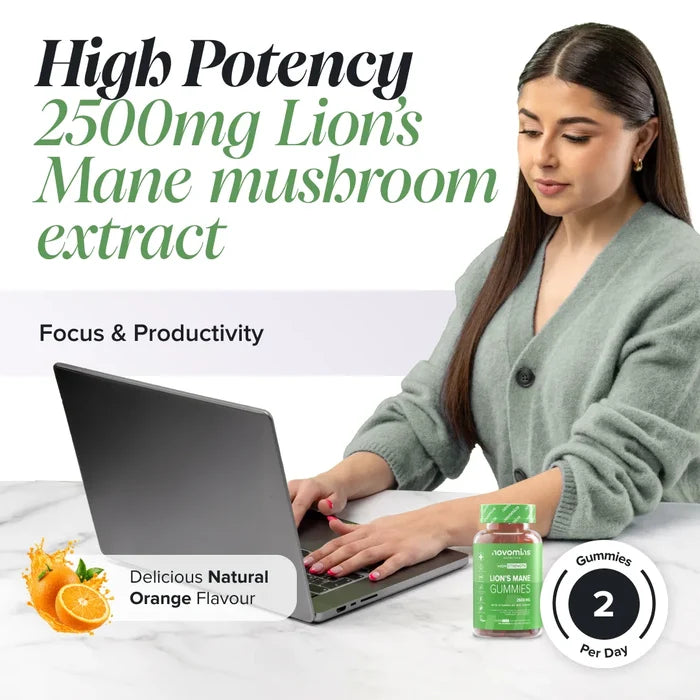 A woman in a sage green cardigan works at a laptop with a bottle of Novomins Lion's Mane Gummies on the desk, headed 'High Potency 2500mg Lion's Mane mushroom extract' for focus and productivity, in a natural orange flavour with two gummies per day.
